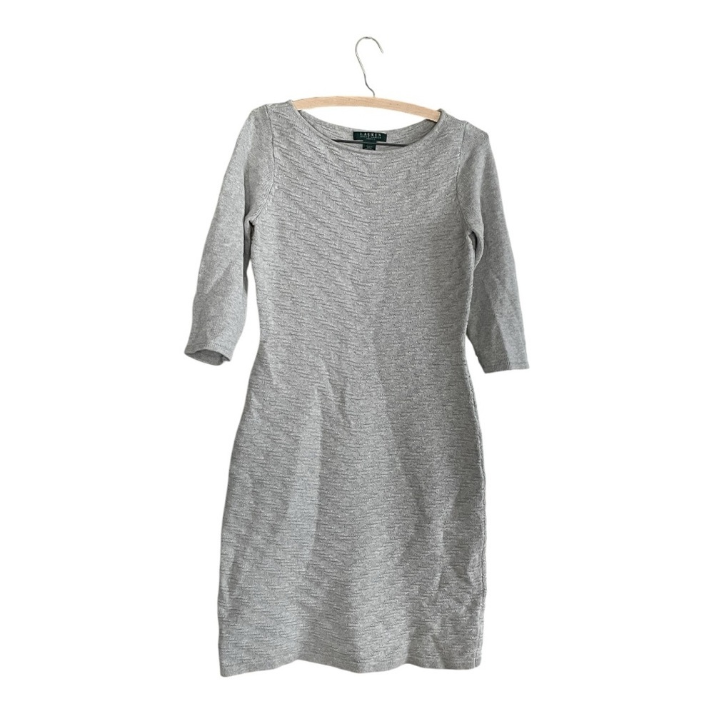 Lauren Ralph Lauren Gray Knit Sweater with 3/4 Sleeve Knee Length Dress